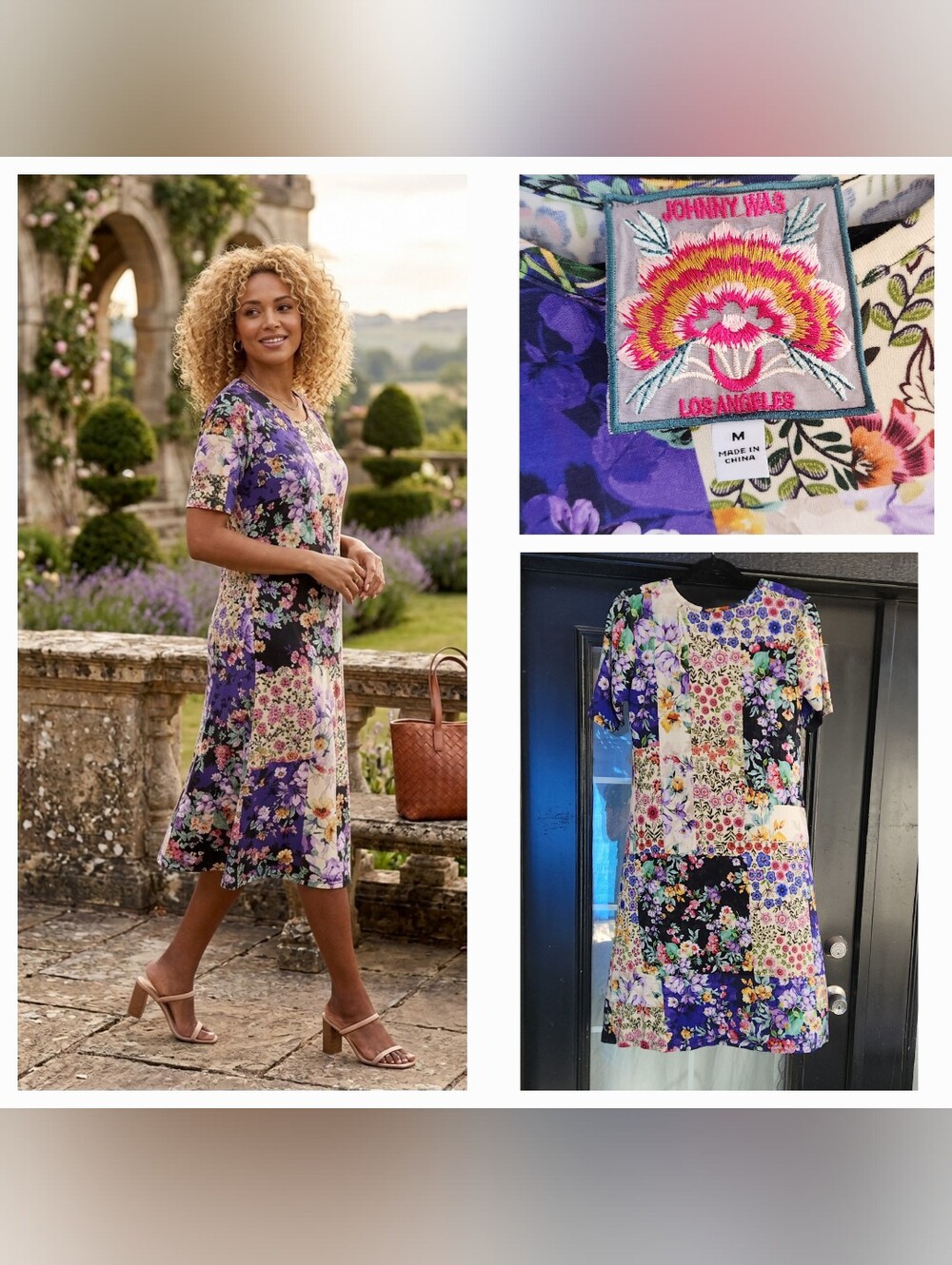 Johnny Was Purple Floral Patchwork Midi Dress